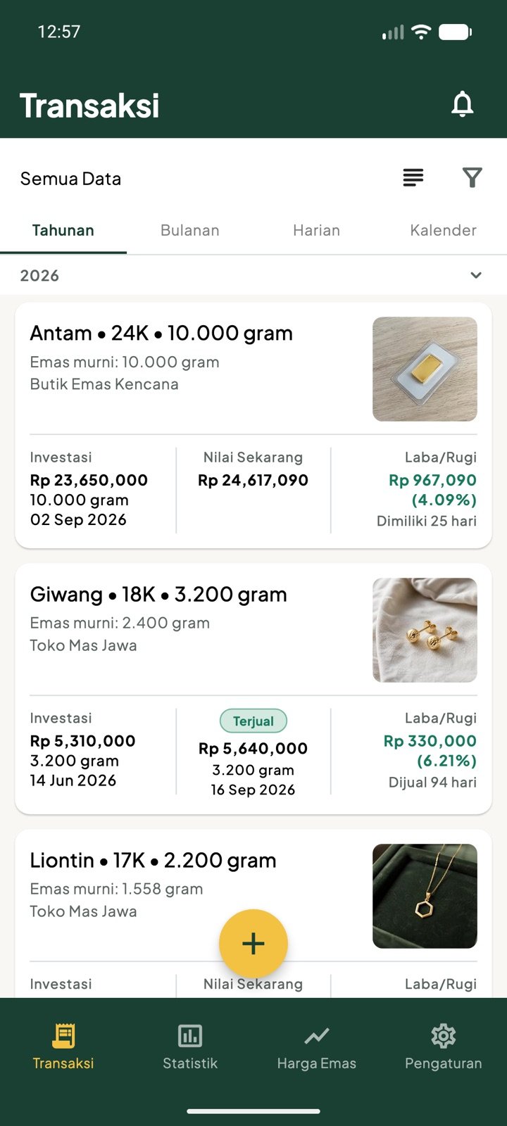 Layar Transaksi dalam tampilan Detail: setiap barang dengan fotonya, toko tempat membeli, emas murni, modal, nilai sekarang, laba/rugi, dan berapa hari sudah dimiliki atau setelah berapa hari dijual.