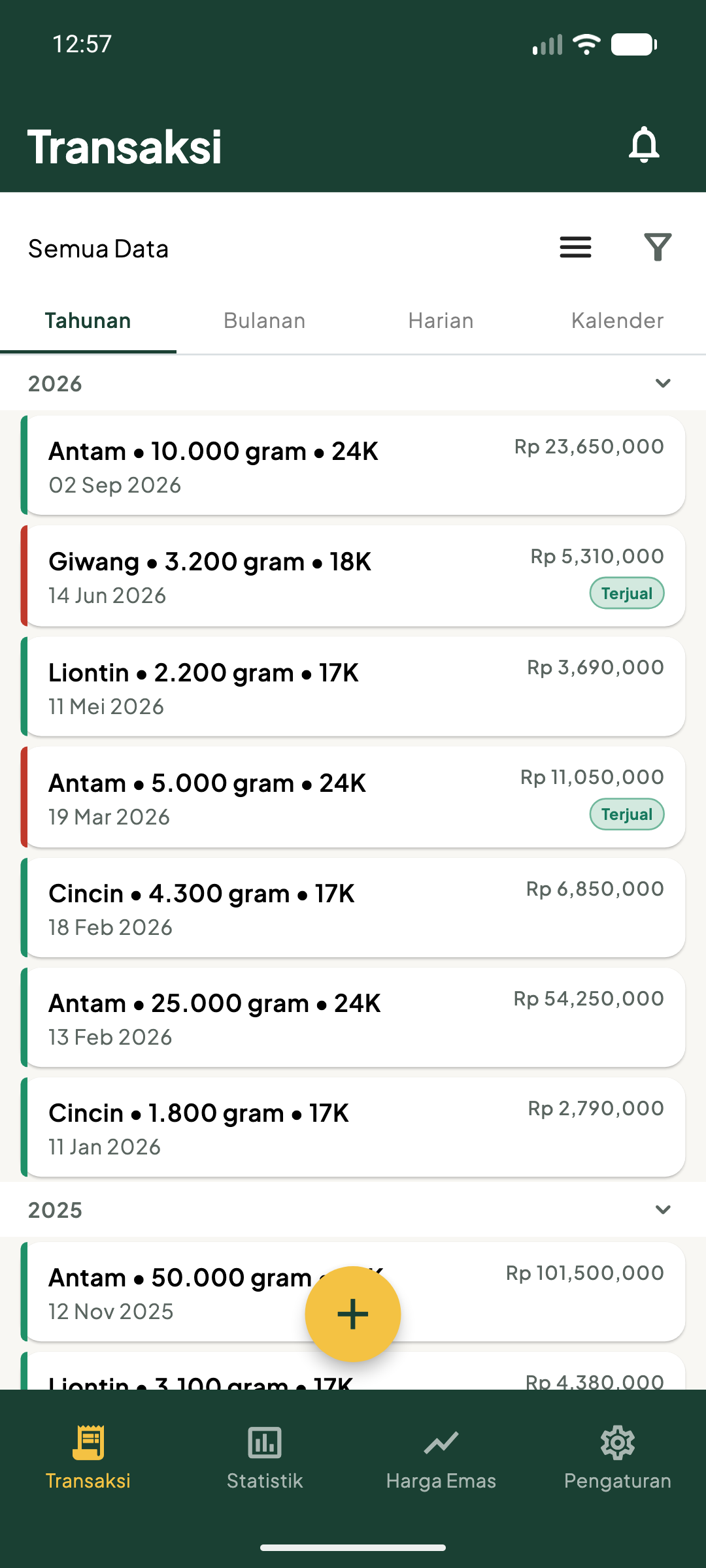Layar Transaksi dalam tampilan Sederhana: batangan Antam, giwang, liontin, dan cincin, masing-masing dengan berat, kadar, dan nilainya, serta tanda Terjual pada barang yang sudah dijual.
