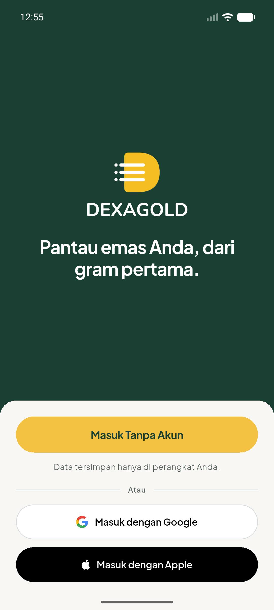Layar sambutan Dexagold dengan pilihan masuk atau memakai aplikasi tanpa akun.
